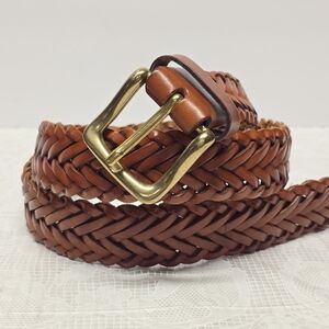 Vintage Italian Cognac Brown Genuine Leather Braided Woven Bohemian Belt M